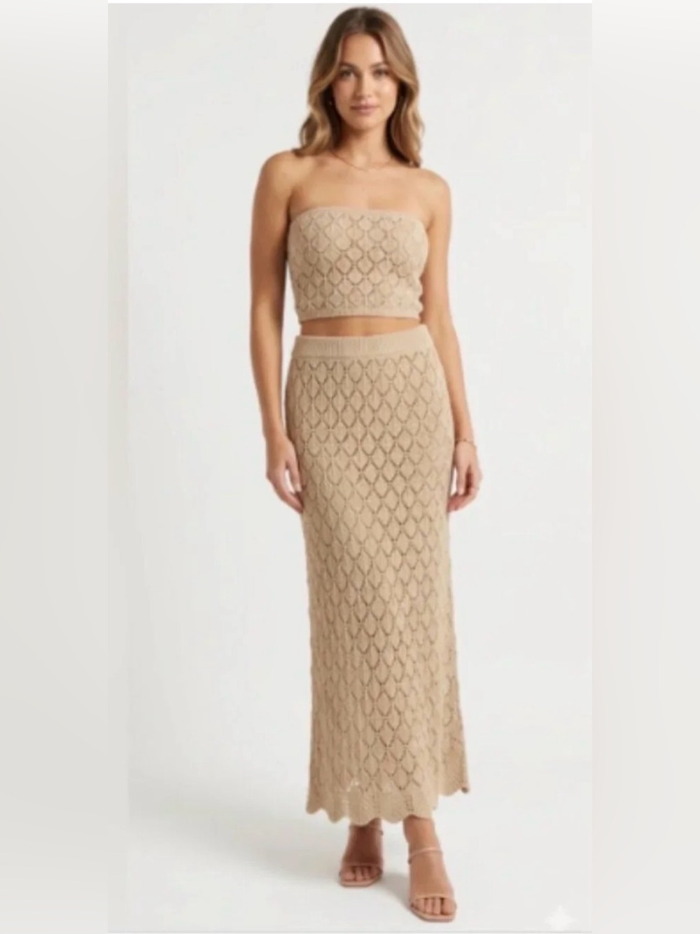 Freshman Beige Maxi Lace Tube Top Maxi Skirt Matching Set